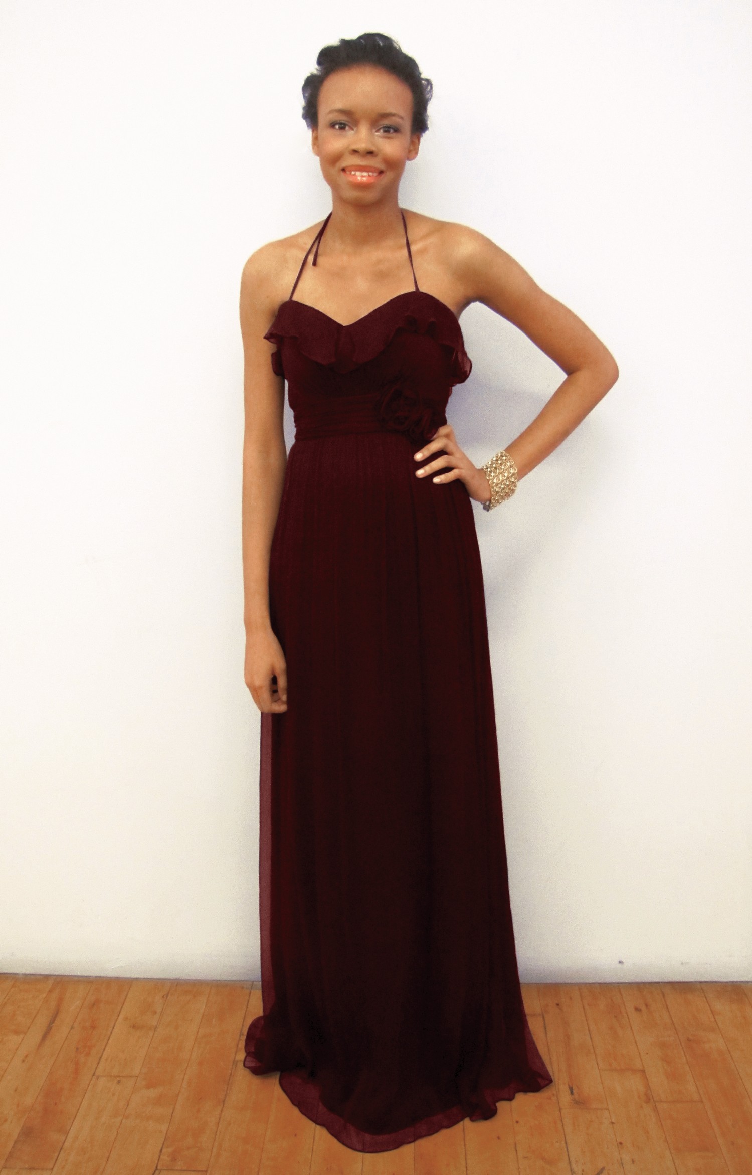 Strapless crinkle chiffon top dress with cascade skirt